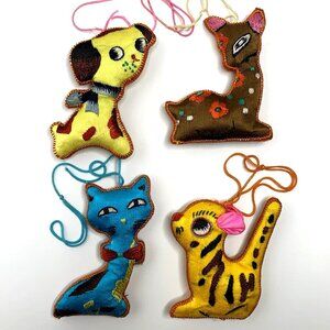 4 Vtg MCM Chinese Asia Silk Embroidery Plush Figurine Ornament CAT Dog Christmas